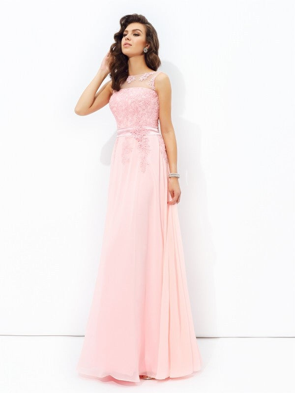 Vestido de noche de graduación de gasa largo sin mangas con apliques redondos y corte A/princesa