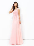 Vestido de noche de graduación de gasa largo sin mangas con apliques redondos y corte A/princesa
