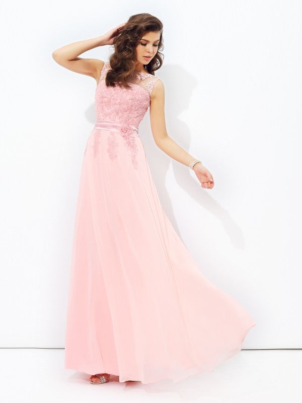 Vestido de noche de graduación de gasa largo sin mangas con apliques redondos y corte A/princesa