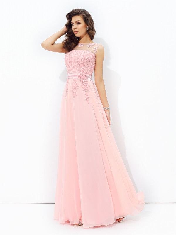 Vestido de noche de graduación de gasa largo sin mangas con apliques redondos y corte A/princesa