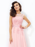 Vestido de noche de graduación de gasa largo sin mangas con apliques redondos y corte A/princesa