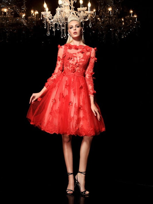 A-Line/Princess Sheer Neck Applique 3/4 Sleeves Short Net Cocktail Dresses Prom Homecoming Dress