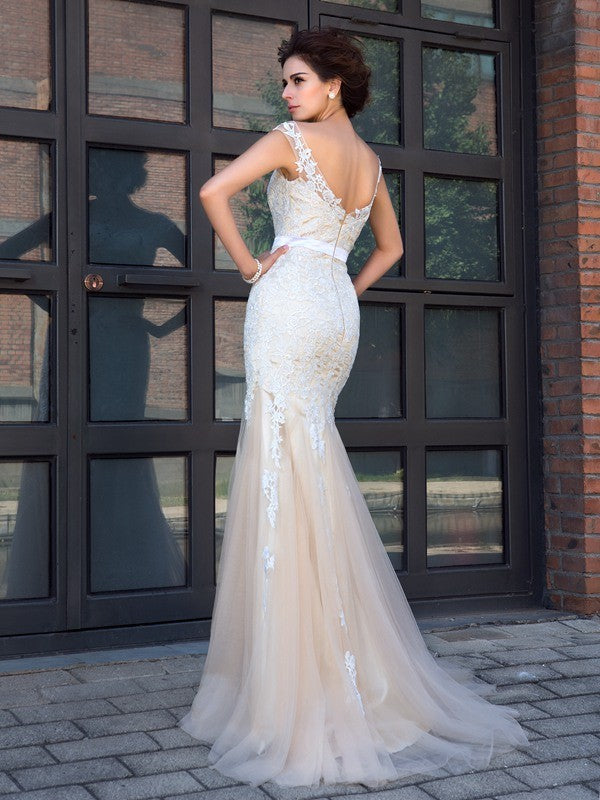 Trompete/Meerjungfrau Sheer Neck Applique Kurze Ärmel Lange Netzkleider Brautkleid Brautkleider