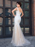 Trompete/Meerjungfrau Sheer Neck Applique Kurze Ärmel Lange Netzkleider Brautkleid Brautkleider
