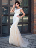 Trompete/Meerjungfrau Sheer Neck Applique Kurze Ärmel Lange Netzkleider Brautkleid Brautkleider
