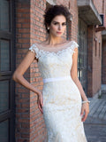 Trompete/Meerjungfrau Sheer Neck Applique Kurze Ärmel Lange Netzkleider Brautkleid Brautkleider