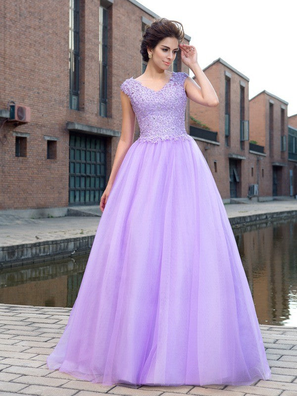 Vestido de fiesta con escote en V, apliques, mangas cortas, red larga, vestido de noche para graduación