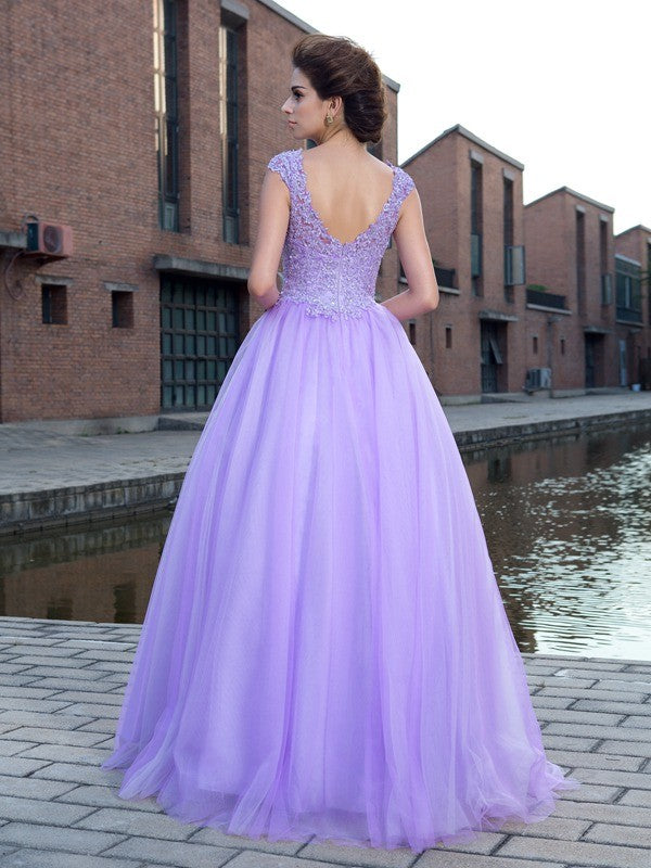 Vestido de fiesta con escote en V, apliques, mangas cortas, red larga, vestido de noche para graduación