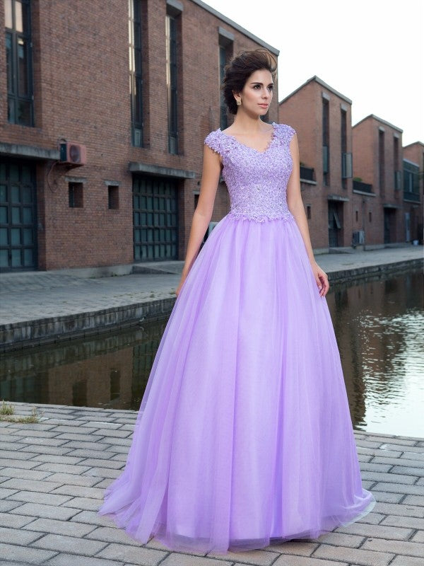 Vestido de fiesta con escote en V, apliques, mangas cortas, red larga, vestido de noche para graduación