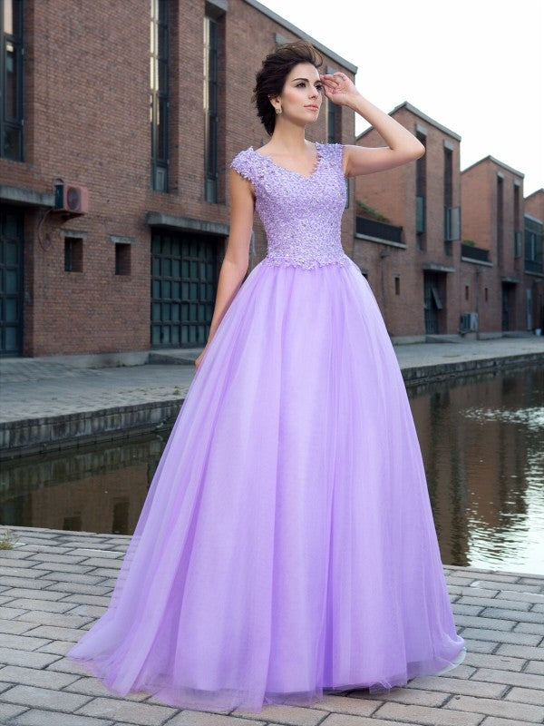 Vestido de fiesta con escote en V, apliques, mangas cortas, red larga, vestido de noche para graduación