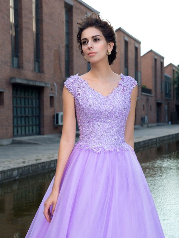 Vestido de fiesta con escote en V, apliques, mangas cortas, red larga, vestido de noche para graduación