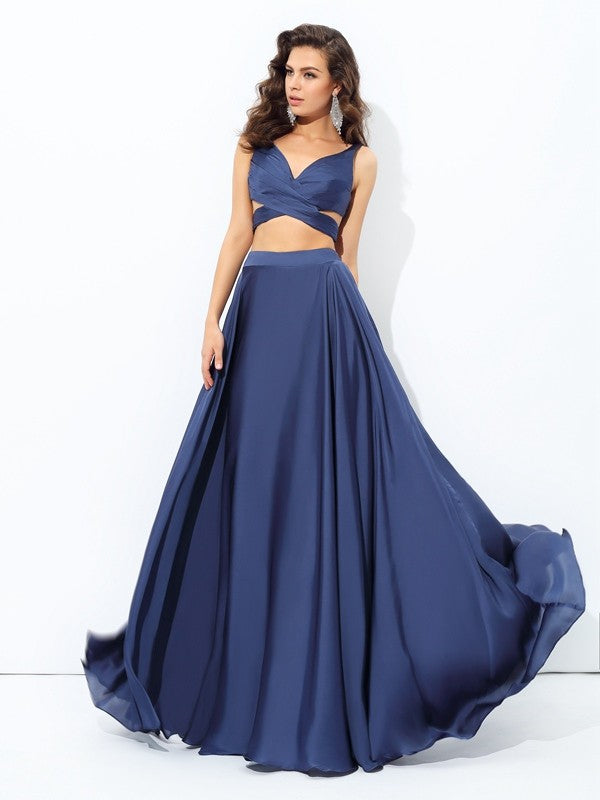 A-line/Princess Straps Sleeveless Long Satin Chiffon Two Piece Dresses Prom Evening Dress
