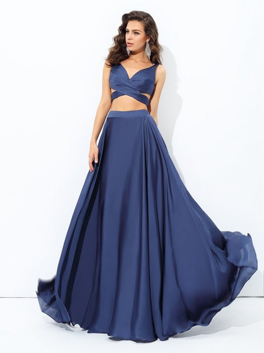 Vestido de noche de graduación de dos piezas de satén largo sin mangas con tirantes tipo princesa/corte A