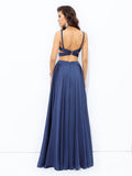 A-line/Princess Straps Sleeveless Long Satin Chiffon Two Piece Dresses Prom Evening Dress