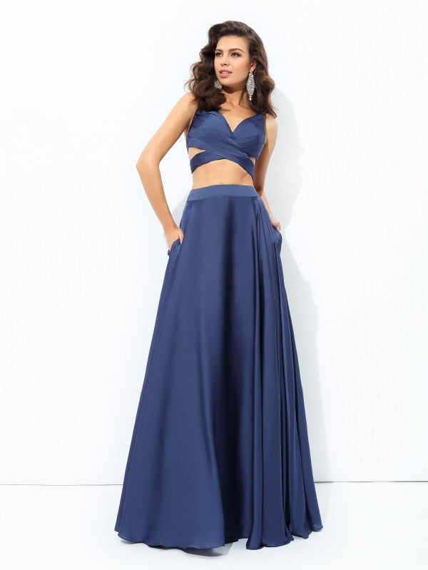 A-line/Princess Straps Sleeveless Long Satin Chiffon Two Piece Dresses Prom Evening Dress