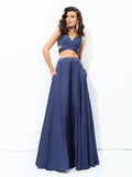 A-line/Princess Straps Sleeveless Long Satin Chiffon Two Piece Dresses Prom Evening Dress
