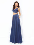 A-line/Princess Straps Sleeveless Long Satin Chiffon Two Piece Dresses Prom Evening Dress