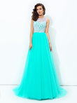 A-line/Princess Scoop Lace Sleeveless Long Net Dresses Prom Evening Dress with Button