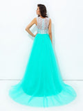 A-line/Princess Scoop Lace Sleeveless Long Net Dresses Prom Evening Dress with Button