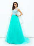 A-line/Princess Scoop Lace Sleeveless Long Net Dresses Prom Evening Dress with Button