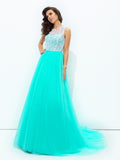 A-line/Princess Scoop Lace Sleeveless Long Net Dresses Prom Evening Dress with Button