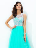 A-line/Princess Scoop Lace Sleeveless Long Net Dresses Prom Evening Dress with Button