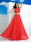 A-Line/Princess Scoop Lace Sleeveless Long Chiffon Two Piece Dresses Prom Evening Dress