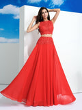 A-Line/Princess Scoop Lace Sleeveless Long Chiffon Two Piece Dresses Prom Evening Dress