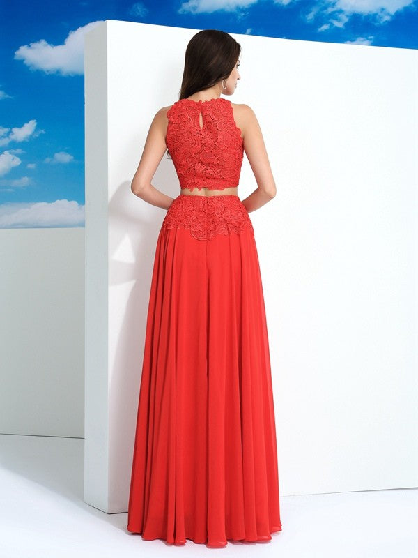 A-Line/Princess Scoop Lace Sleeveless Long Chiffon Two Piece Dresses Prom Evening Dress