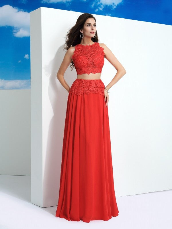 A-Line/Princess Scoop Lace Sleeveless Long Chiffon Two Piece Dresses Prom Evening Dress