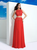 A-Line/Princess Scoop Lace Sleeveless Long Chiffon Two Piece Dresses Prom Evening Dress