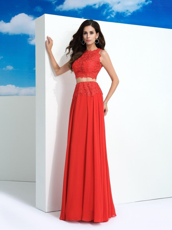 A-Line/Princess Scoop Lace Sleeveless Long Chiffon Two Piece Dresses Prom Evening Dress
