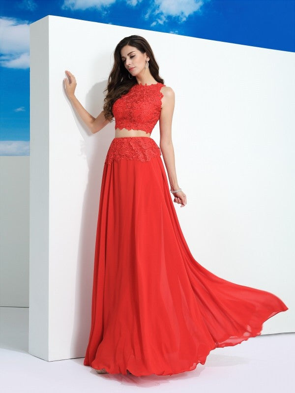 A-Line/Princess Scoop Lace Sleeveless Long Chiffon Two Piece Dresses Prom Evening Dress