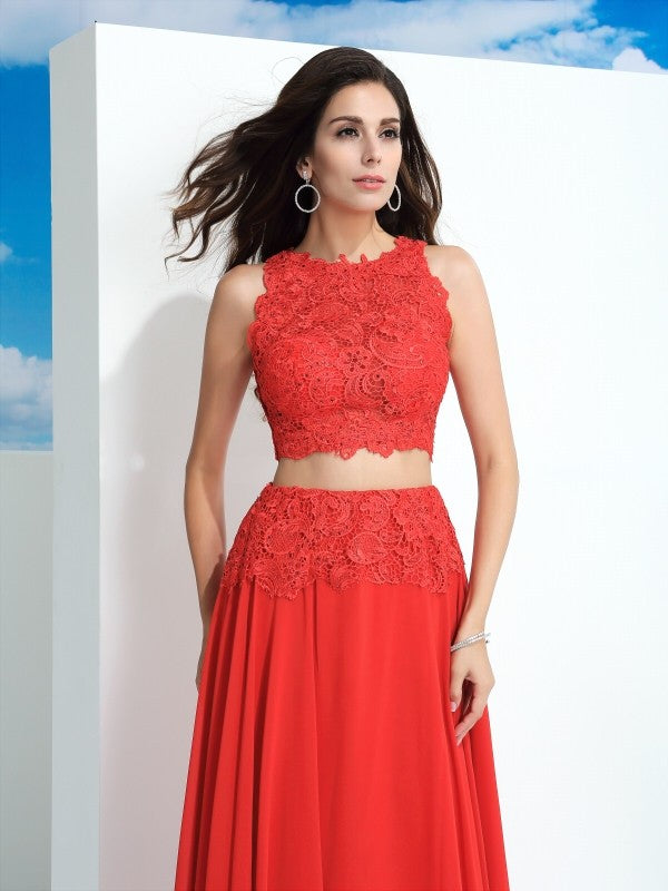 A-Line/Princess Scoop Lace Sleeveless Long Chiffon Two Piece Dresses Prom Evening Dress