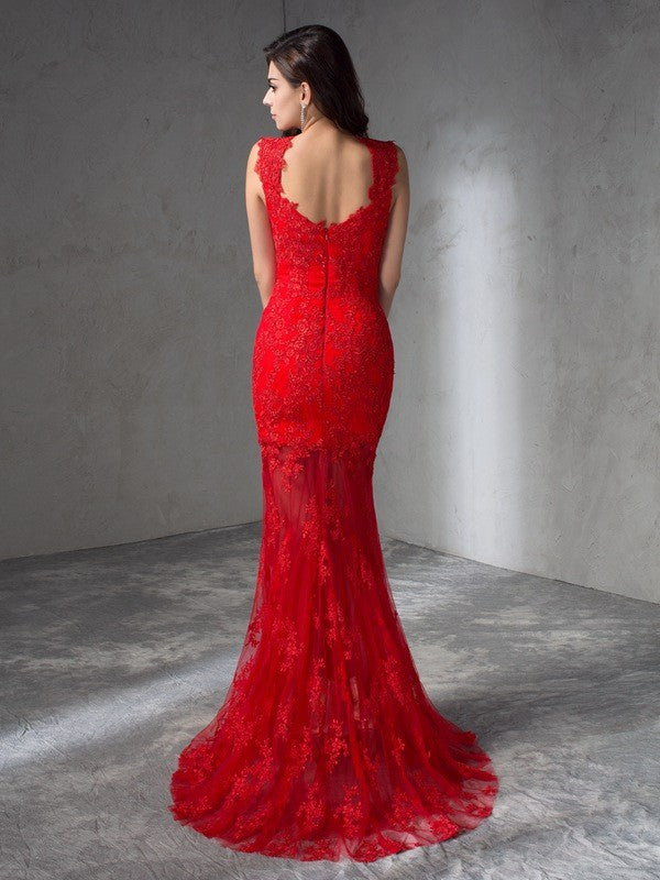 Vestido de noche de fiesta largo de satén sin mangas con apliques y escote en V de corte trompeta/sirena