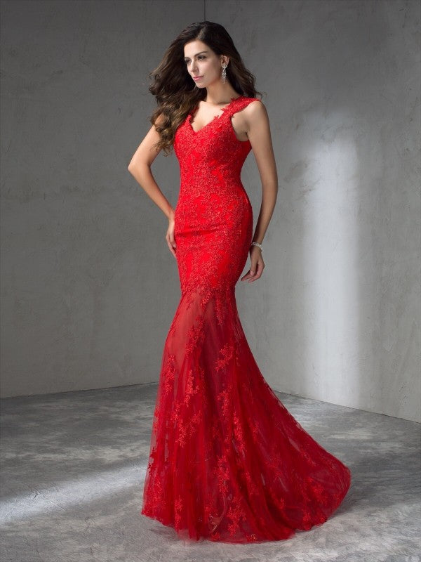 Vestido de noche de fiesta largo de satén sin mangas con apliques y escote en V de corte trompeta/sirena