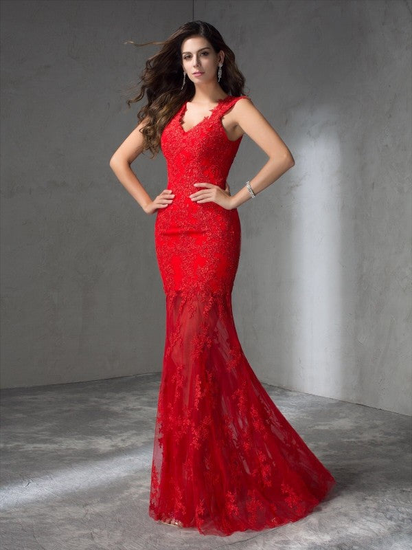 Vestido de noche de fiesta largo de satén sin mangas con apliques y escote en V de corte trompeta/sirena