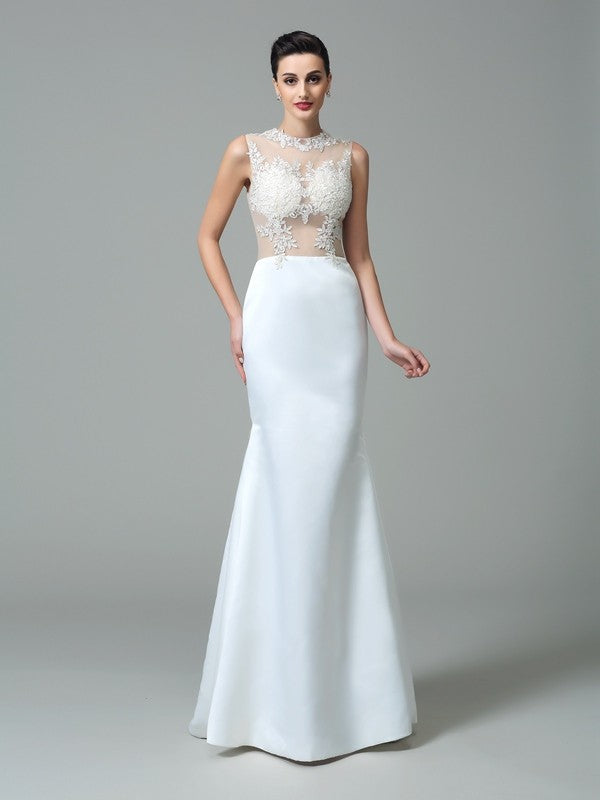 Sheath/Column Jewel Applique Sleeveless Long Satin Dresses Wedding Dress Bridal Gowns