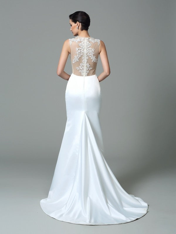 Sheath/Column Jewel Applique Sleeveless Long Satin Dresses Wedding Dress Bridal Gowns