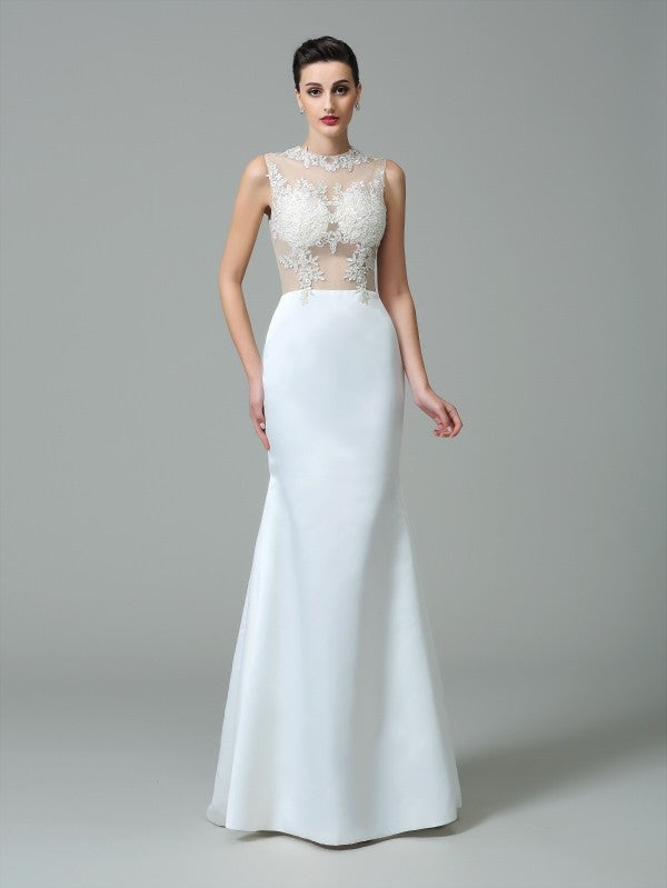 Sheath/Column Jewel Applique Sleeveless Long Satin Dresses Wedding Dress Bridal Gowns