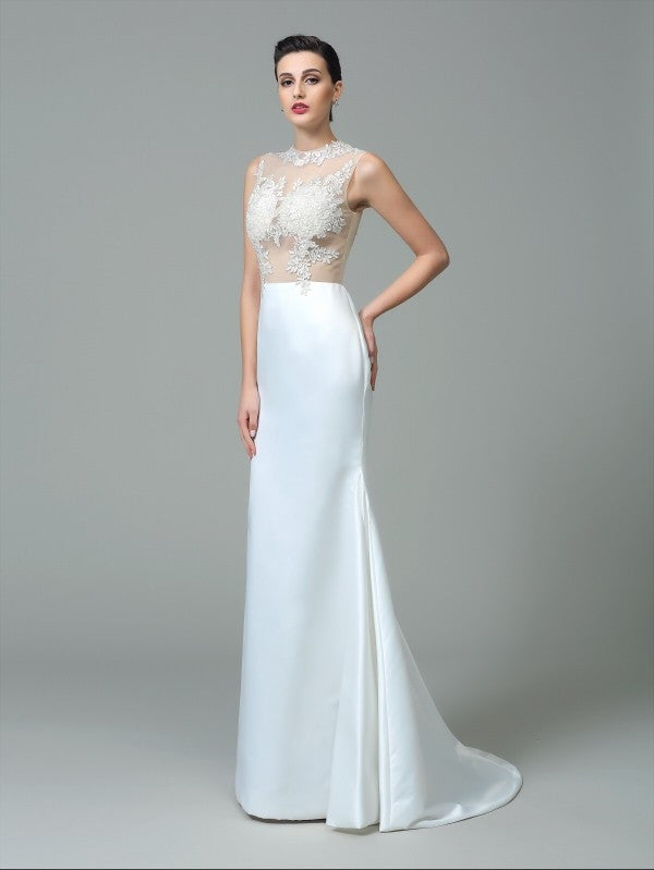 Sheath/Column Jewel Applique Sleeveless Long Satin Dresses Wedding Dress Bridal Gowns