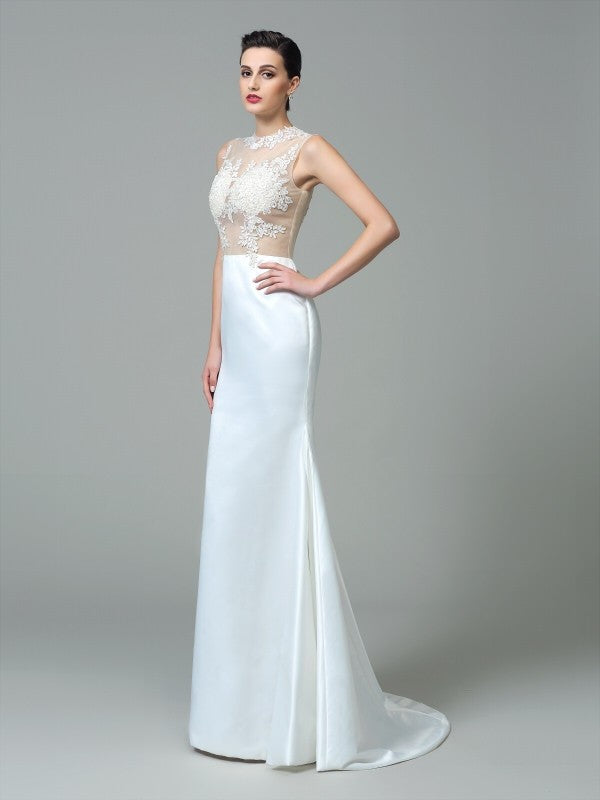 Sheath/Column Jewel Applique Sleeveless Long Satin Dresses Wedding Dress Bridal Gowns