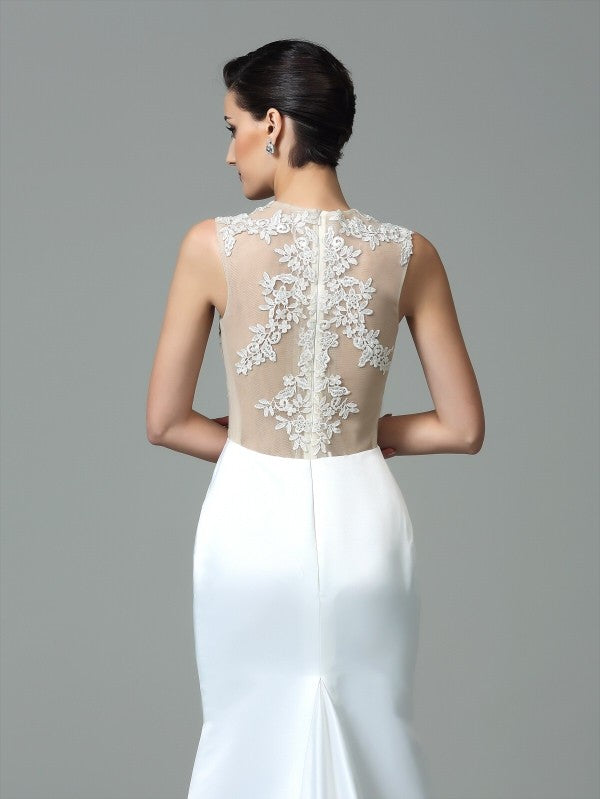 Sheath/Column Jewel Applique Sleeveless Long Satin Dresses Wedding Dress Bridal Gowns