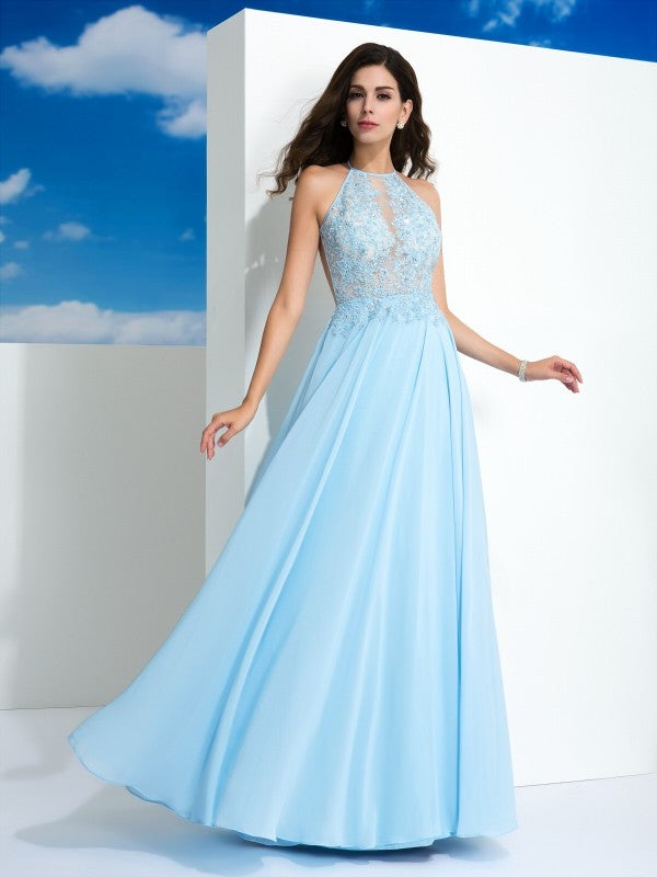 Vestido de noche de graduación de gasa largo sin mangas con apliques y tirantes finos de corte A/princesa