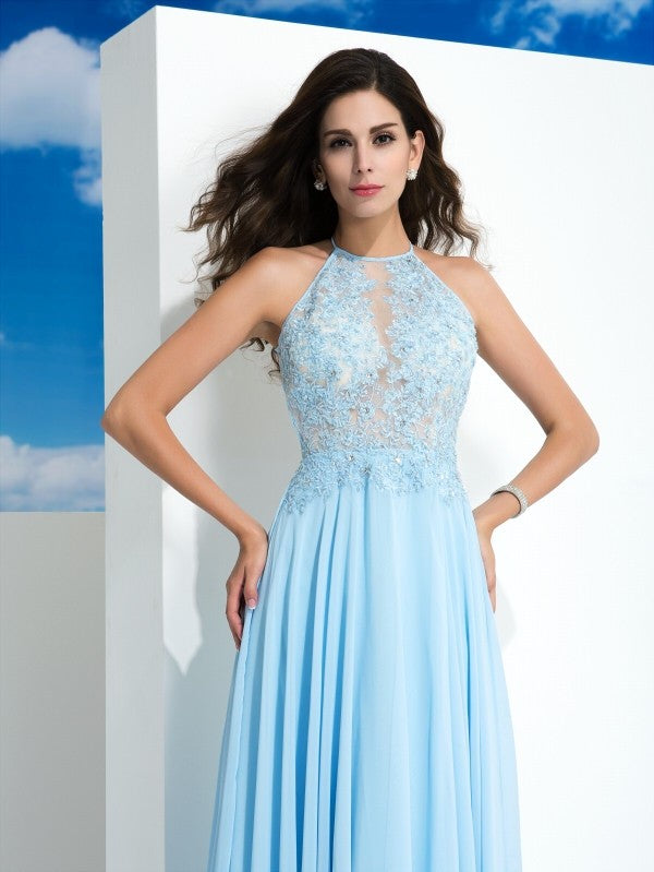 Vestido de noche de graduación de gasa largo sin mangas con apliques y tirantes finos de corte A/princesa