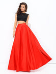 A-line/Princess Scoop Lace Sleeveless Long Satin Two Piece Dresses Prom Evening Dress