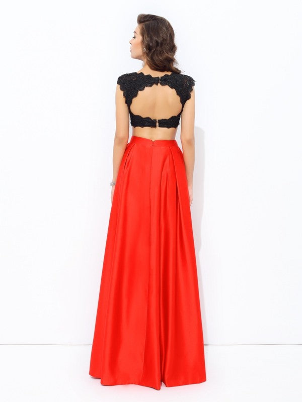 A-line/Princess Scoop Lace Sleeveless Long Satin Two Piece Dresses Prom Evening Dress