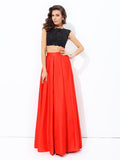A-line/Princess Scoop Lace Sleeveless Long Satin Two Piece Dresses Prom Evening Dress
