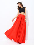 A-line/Princess Scoop Lace Sleeveless Long Satin Two Piece Dresses Prom Evening Dress