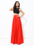 A-line/Princess Scoop Lace Sleeveless Long Satin Two Piece Dresses Prom Evening Dress